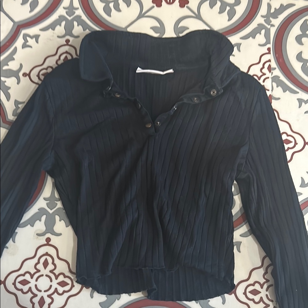 Black Ribbed Buttoned Polo Blouse